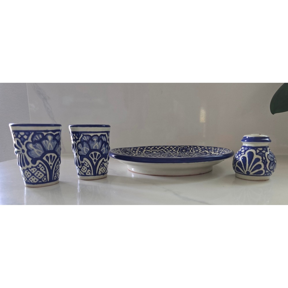 Handmade Talavera Pottery Set Tequila Shot Glasses Plate Salt Shaker - Picture 7 of 7